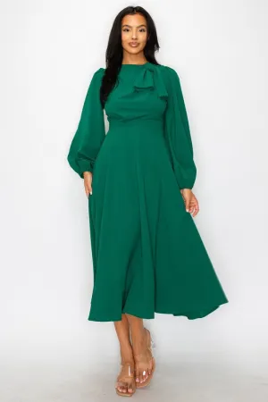 Kelly Green Solid Long Sleeve Midi Dress With Neck Detail