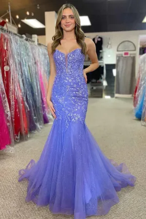 Lavender Appliques Sweetheart Trumpet Long Prom Dresses