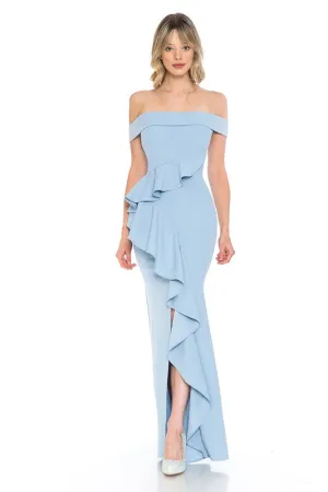 Light Blue Off Shoulder Ruffled Bodycon Dress With Thigh Slit