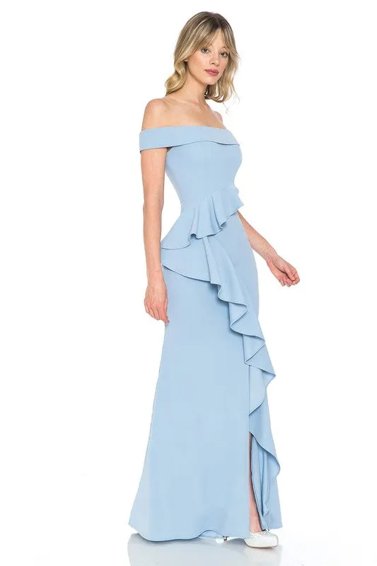 Light Blue Off Shoulder Ruffled Bodycon Dress With Thigh Slit