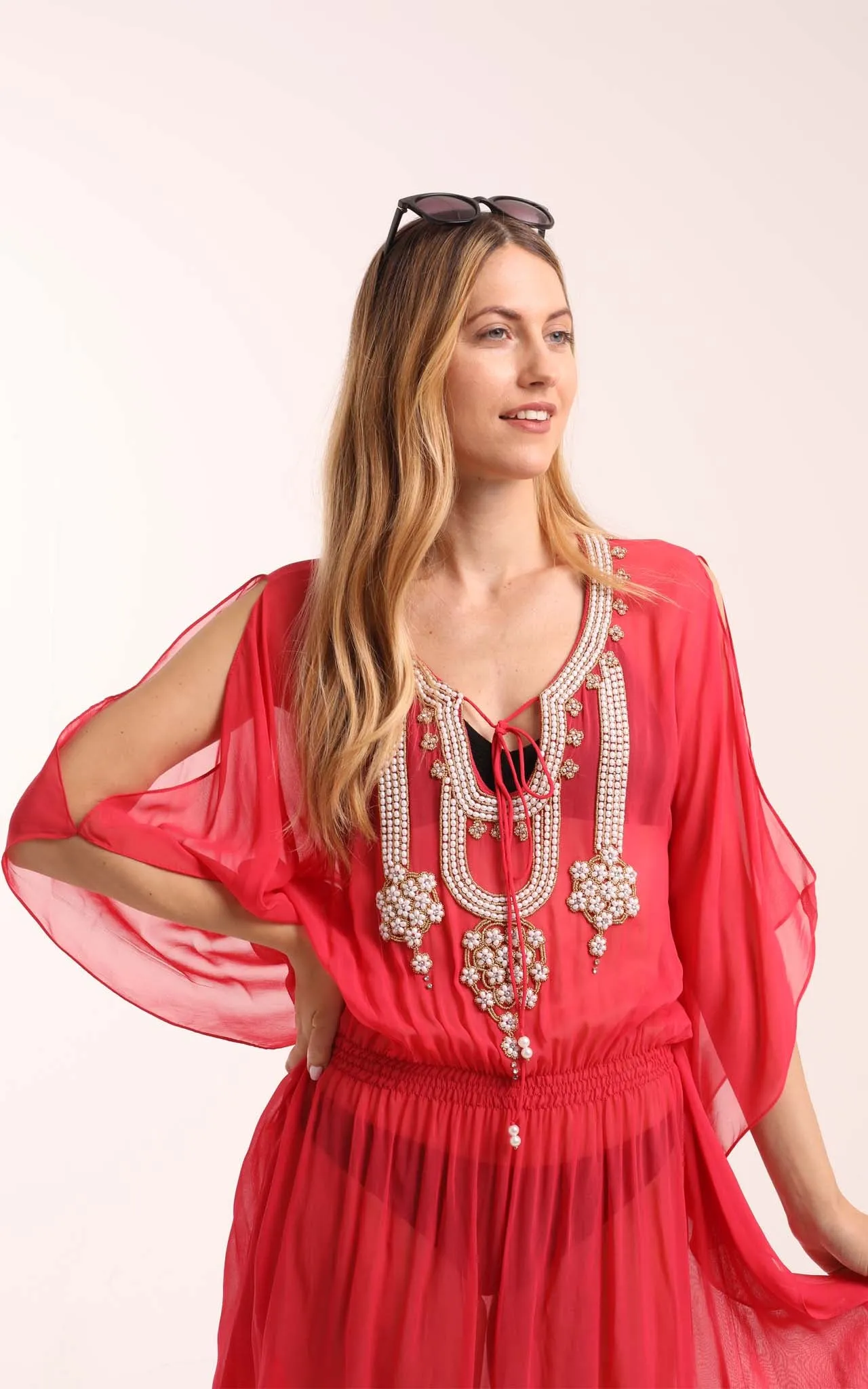 Light Red Kaftan with Beaded Detailing