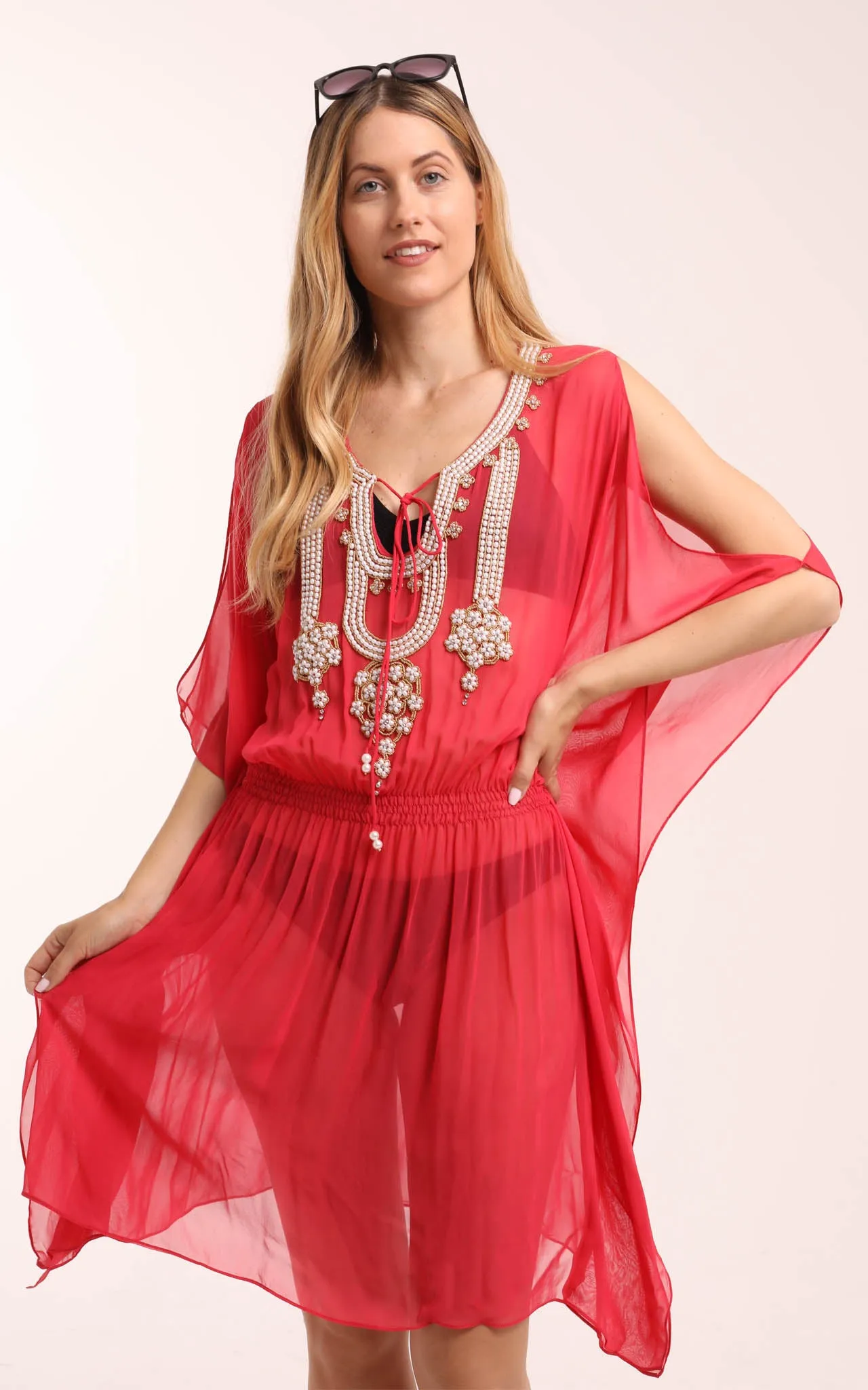 Light Red Kaftan with Beaded Detailing