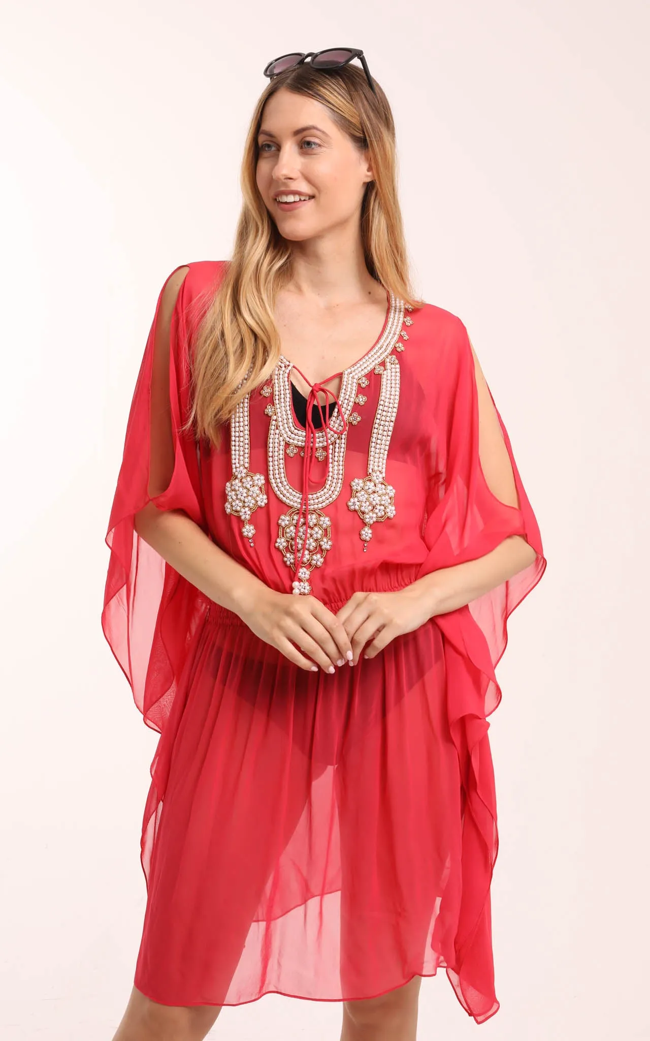 Light Red Kaftan with Beaded Detailing