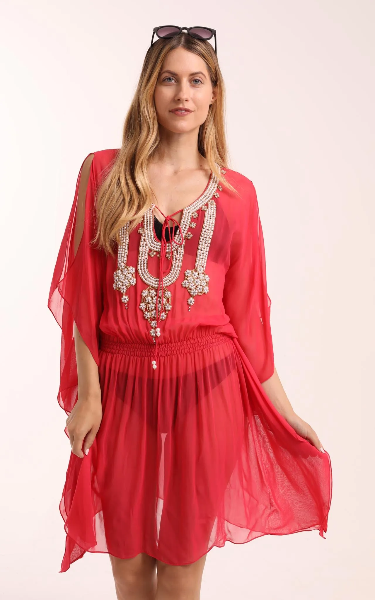 Light Red Kaftan with Beaded Detailing