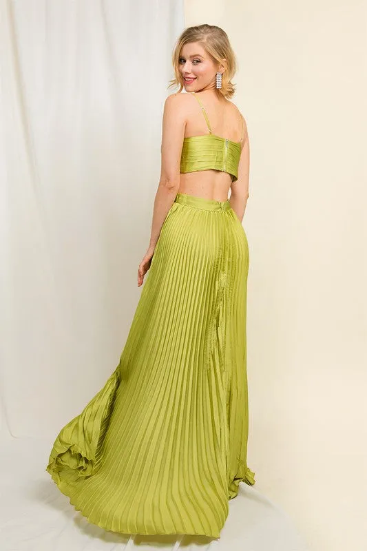 Lime Satin Pleated Cut Out Back Long Gown