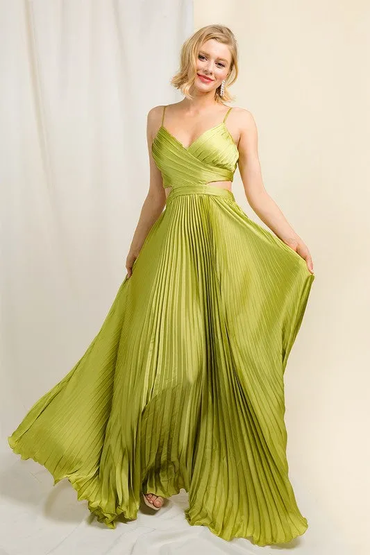 Lime Satin Pleated Cut Out Back Long Gown