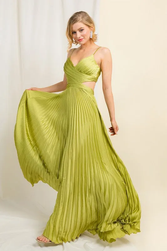 Lime Satin Pleated Cut Out Back Long Gown