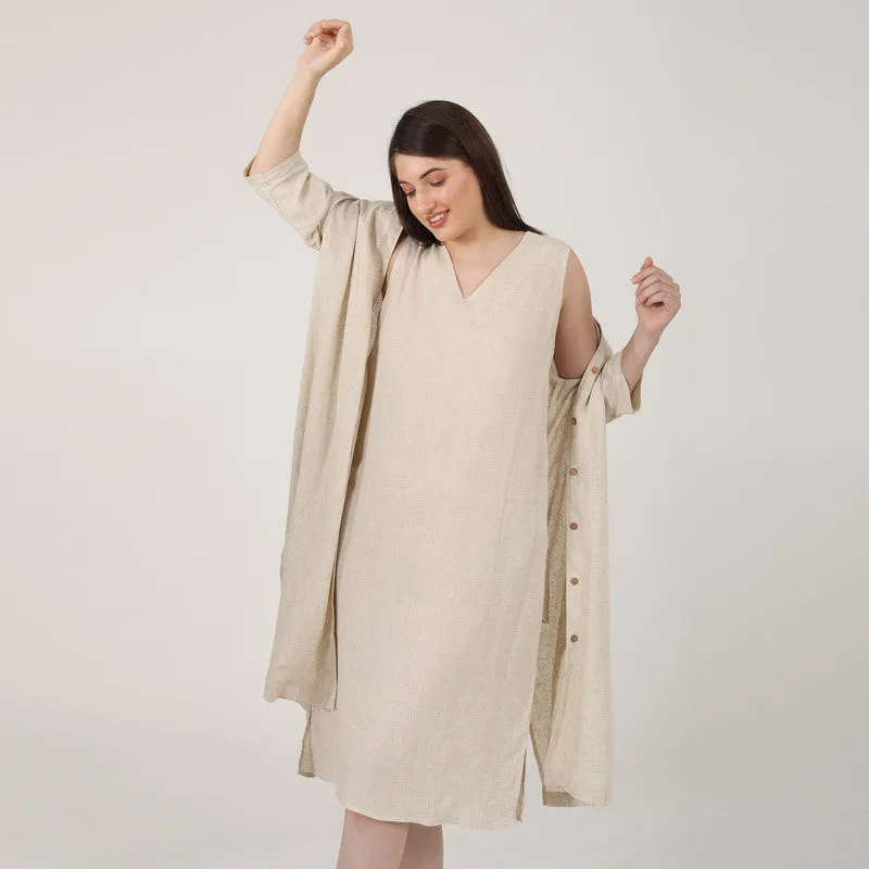 Linen Long Shirt & Dress for Women | Beige | Set of 2