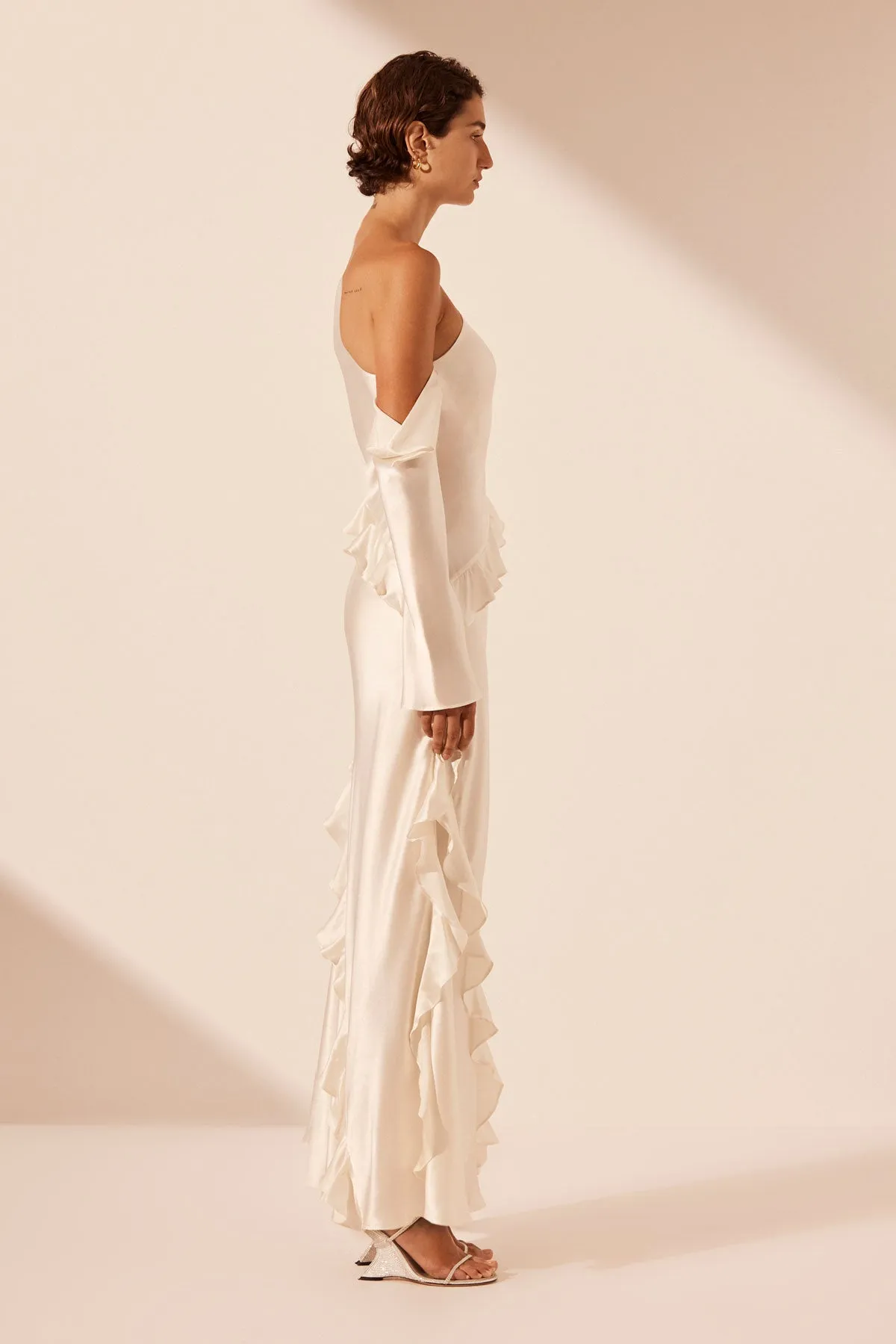 LOUELLA SILK ASYMMETRICAL LONG SLEEVE RUFFLE MAXI DRESS - IVORY