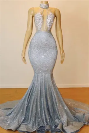 Luxurious Halter Rhinestones Prom Dress Mermaid Long