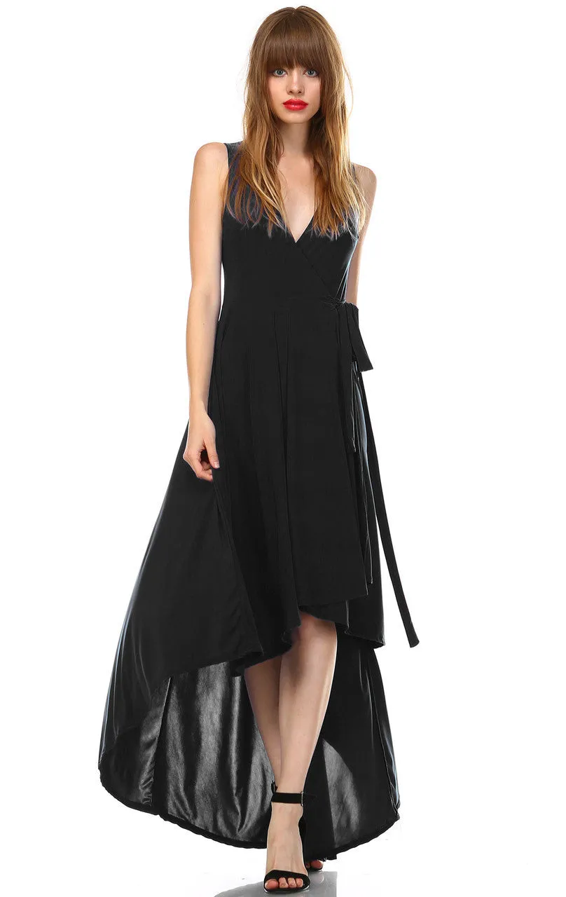 Lycra Sleeveless V-Neck Plunge Belt Hi Low Wrap Dress Black