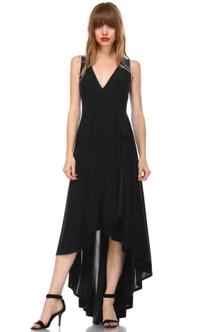 Lycra Sleeveless V-Neck Plunge Belt Hi Low Wrap Dress Black