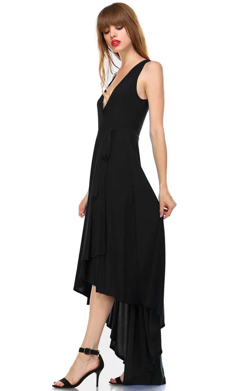 Lycra Sleeveless V-Neck Plunge Belt Hi Low Wrap Dress Black