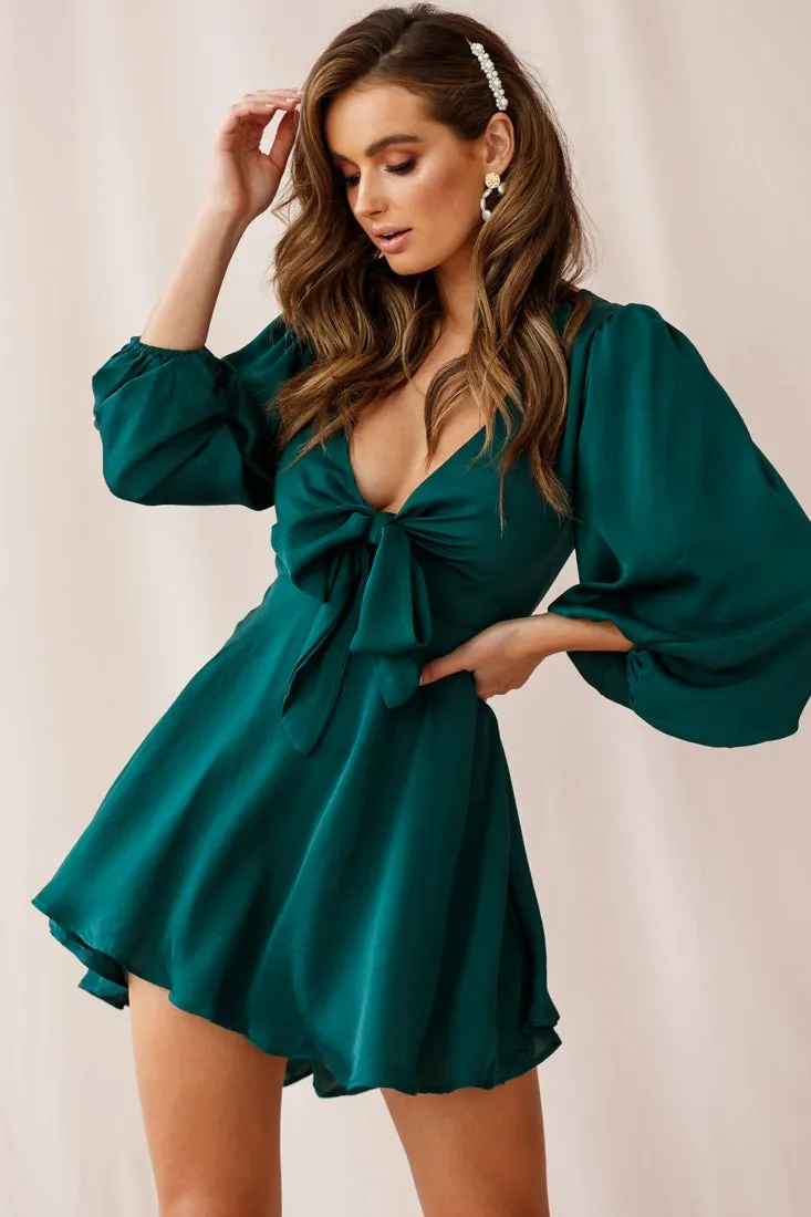 Madison Bow Tie Bust Balloon Sleeve Dress Forest Green