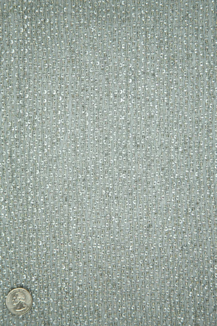 Matte Silver Sequins & Beads on Silk Chiffon Fabric