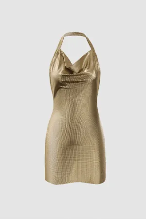 Metallic Halter Backless Slit Mini Dress