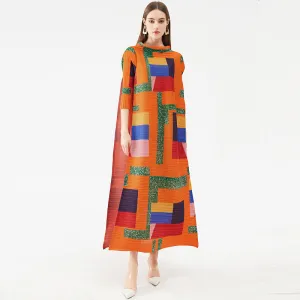 Miyake Pleated Geometric Print Long Dress