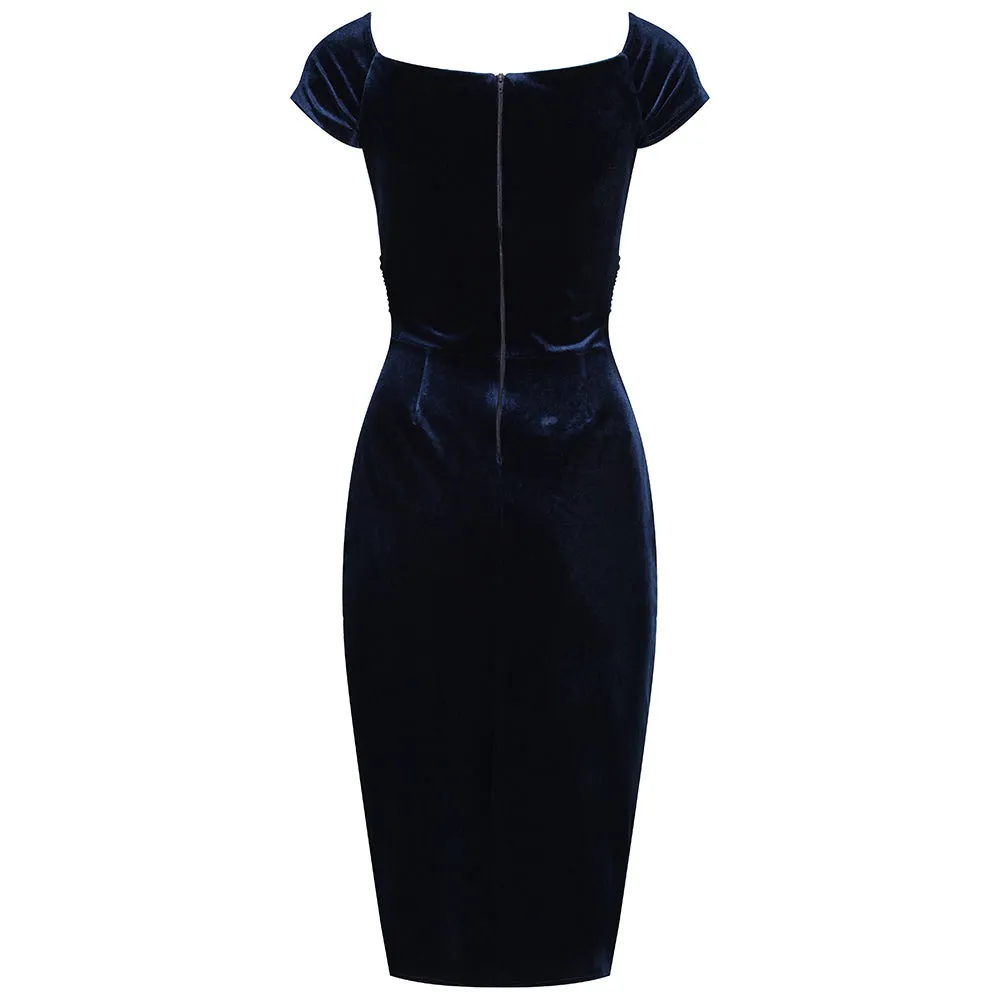 Navy Blue Vintage 40s Style Velour Crossover Bust Wiggle Dress