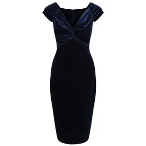 Navy Blue Vintage 40s Style Velour Crossover Bust Wiggle Dress