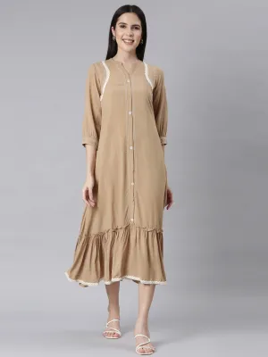 Neerus Beige Curved Casual Solid Maxi Dresses