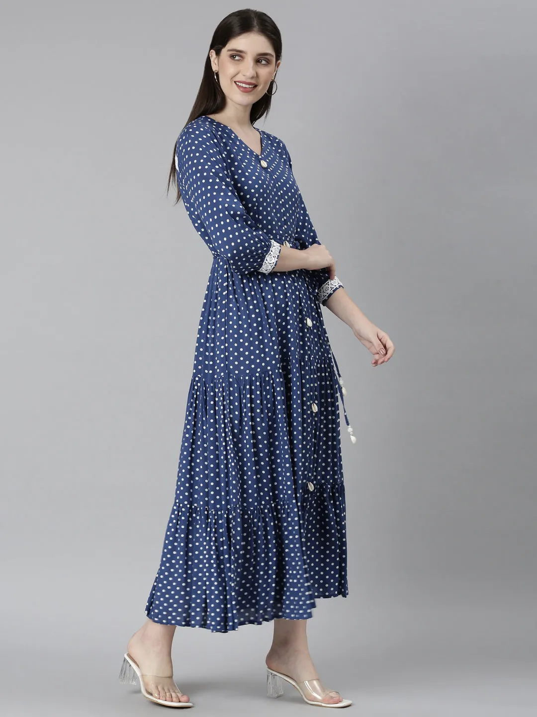 Neeru's Blue Straight Casual Polka Dots Dresses