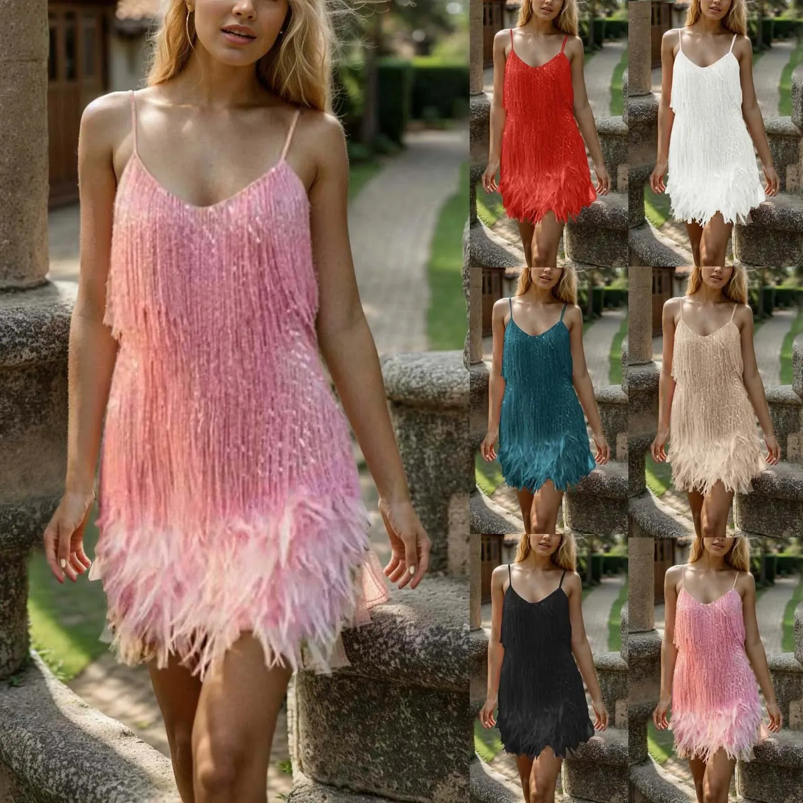 New Tassel Sequined Feathered Spaghetti Strap Stitched Elegant Club Casual Sexy Dress