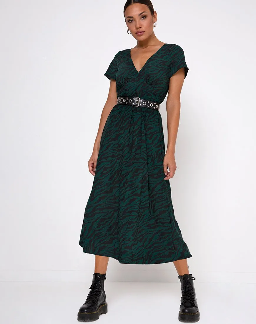 Nira Midi Dress in 90's Zebra Forest Green