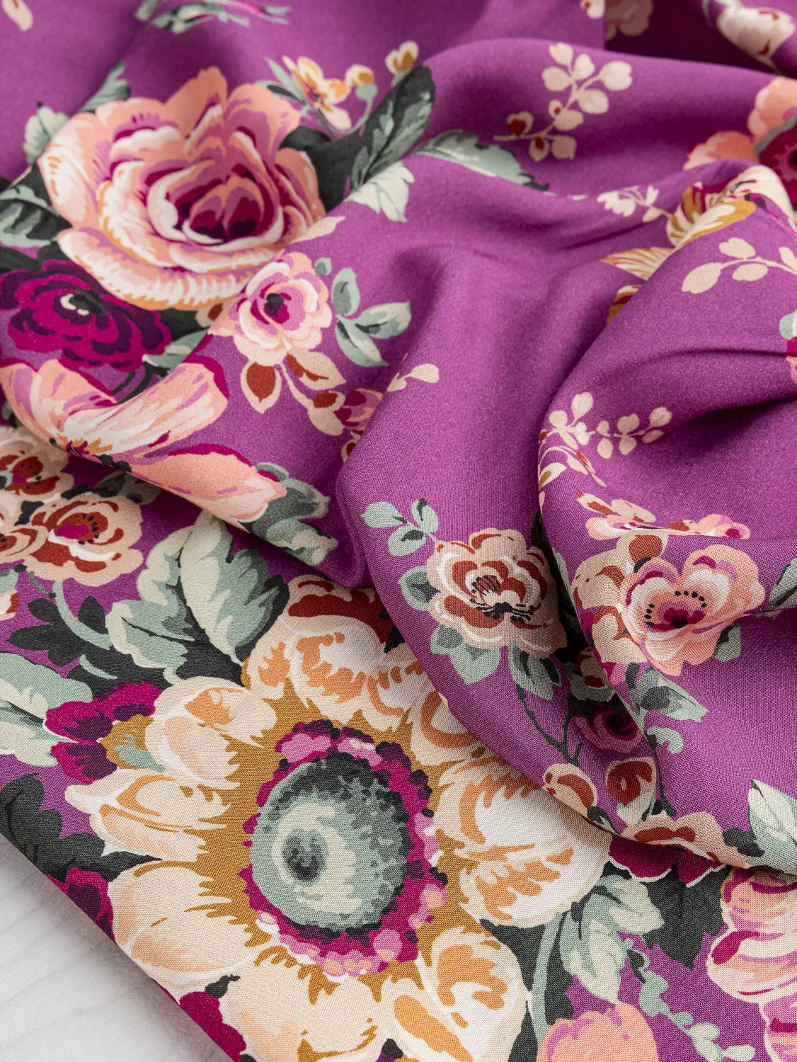 Nostalgic Peony Viscose Floral Print - Purple   Green   Cream