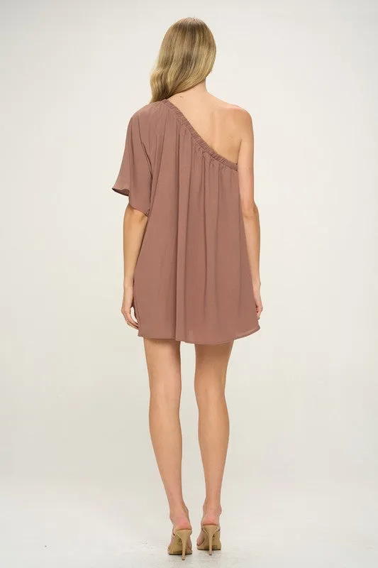 Nut Meg One Shoulder Crinkle Woven Dress