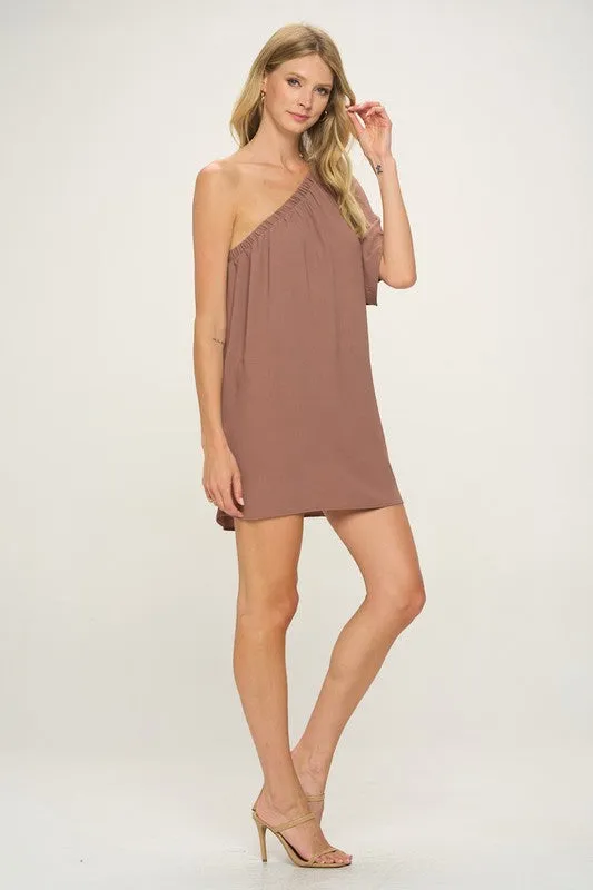 Nut Meg One Shoulder Crinkle Woven Dress