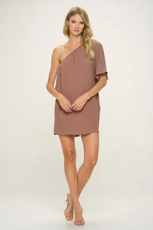 Nut Meg One Shoulder Crinkle Woven Dress