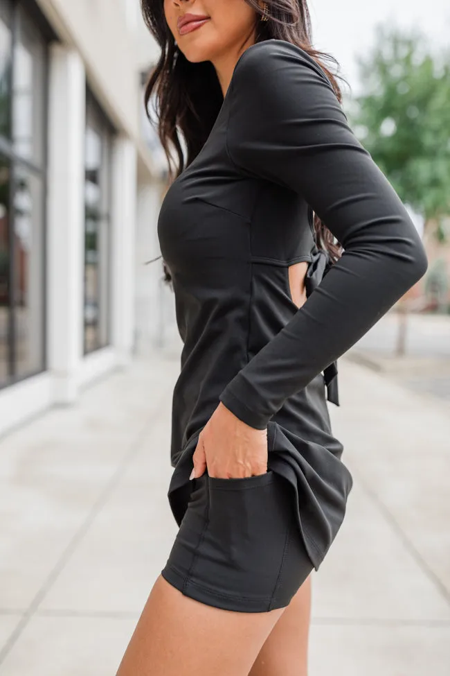 On The Rise Black Long Sleeve Open Back Active Dress