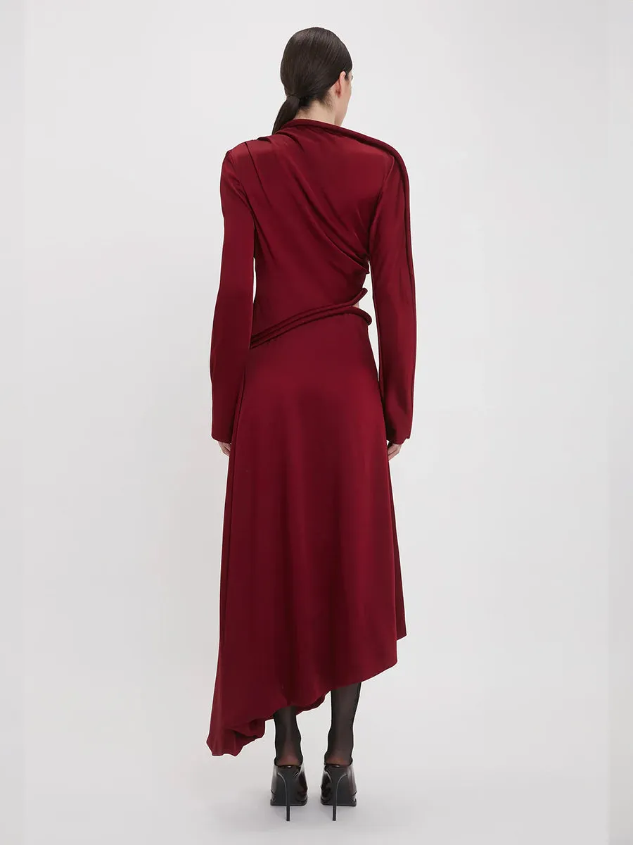 Padded Tube Detail Midi Dress in Oxblood