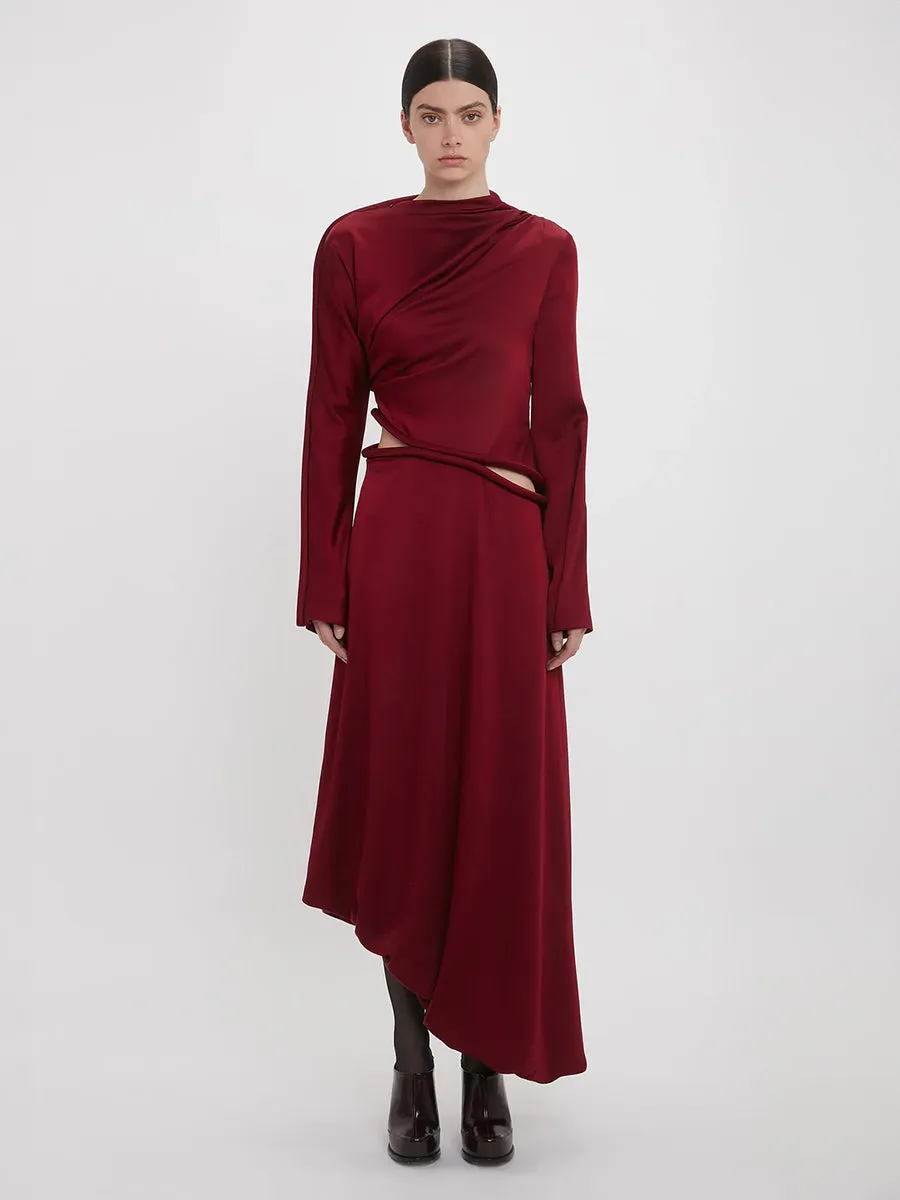 Padded Tube Detail Midi Dress in Oxblood