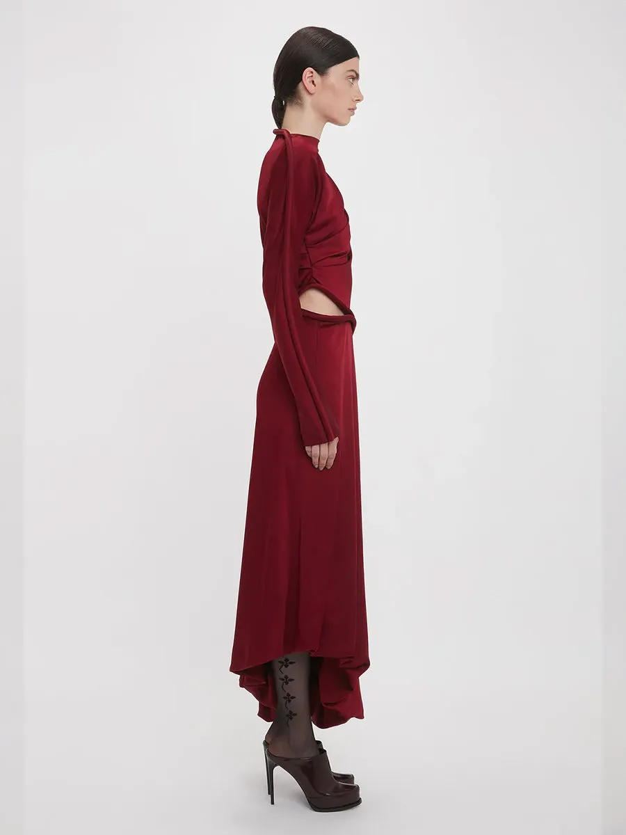 Padded Tube Detail Midi Dress in Oxblood