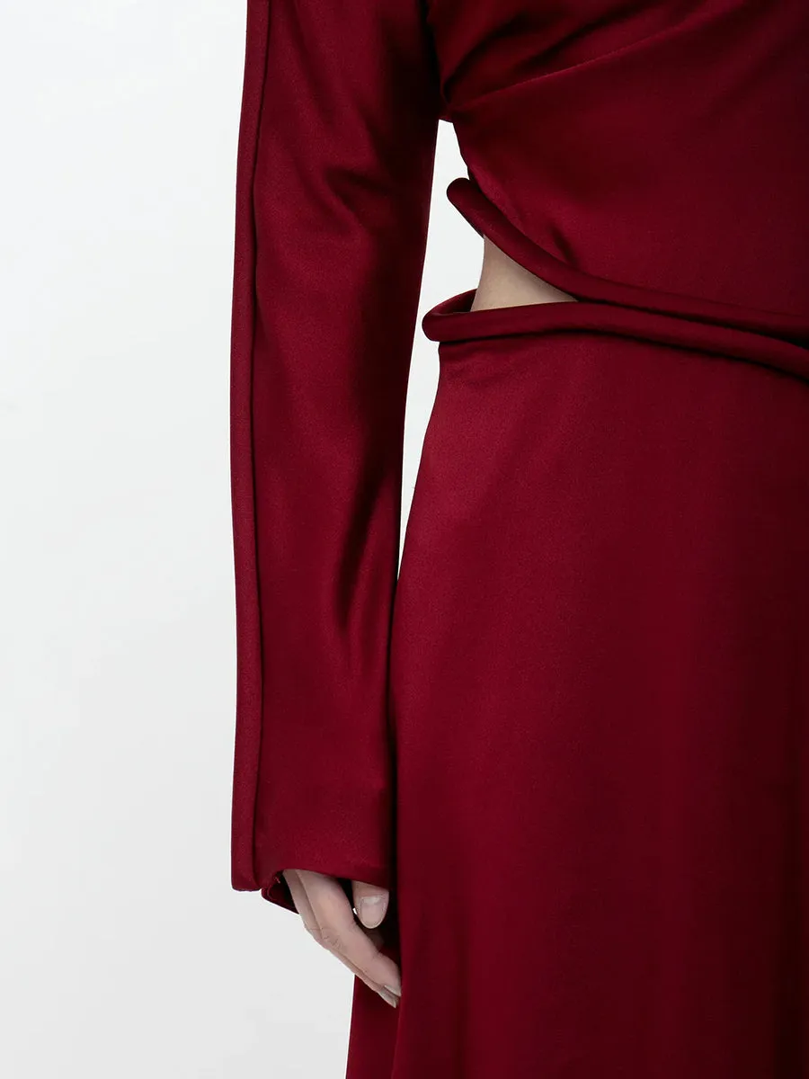 Padded Tube Detail Midi Dress in Oxblood