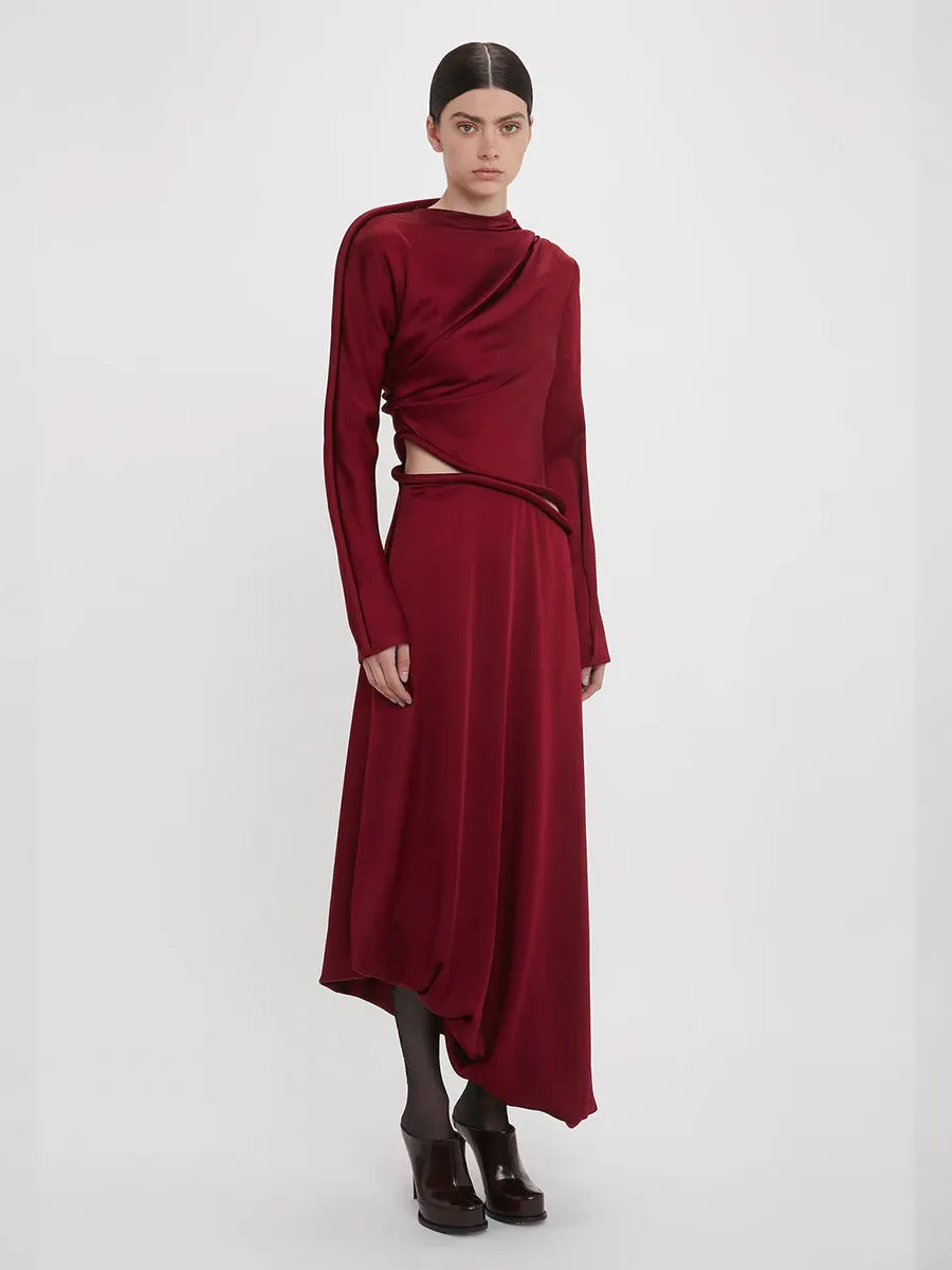 Padded Tube Detail Midi Dress in Oxblood