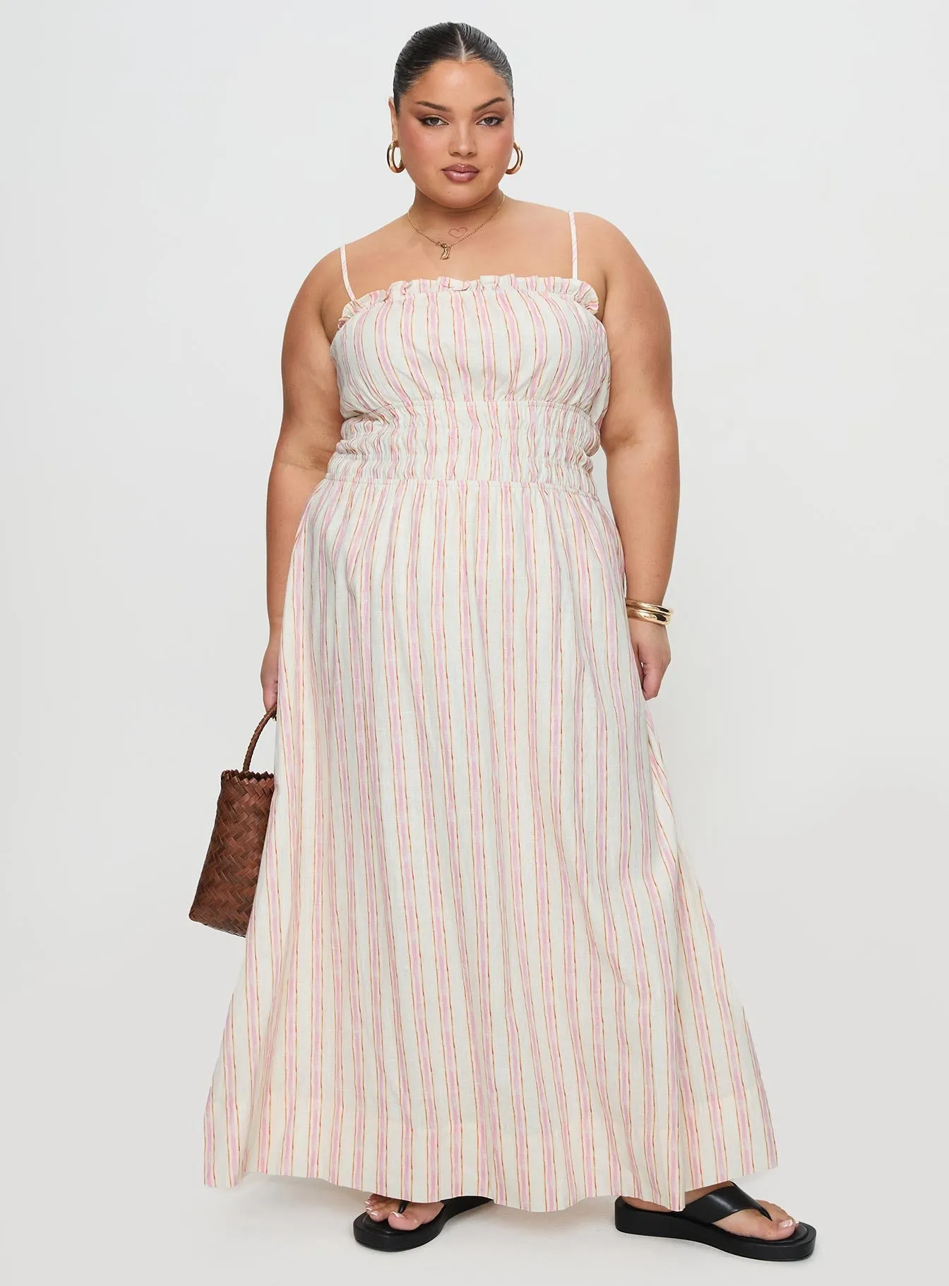 Persephone Shirring Linen Maxi Dress Pink Stripe Curve