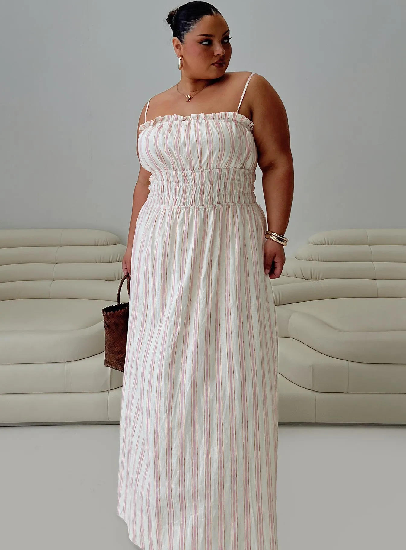 Persephone Shirring Linen Maxi Dress Pink Stripe Curve