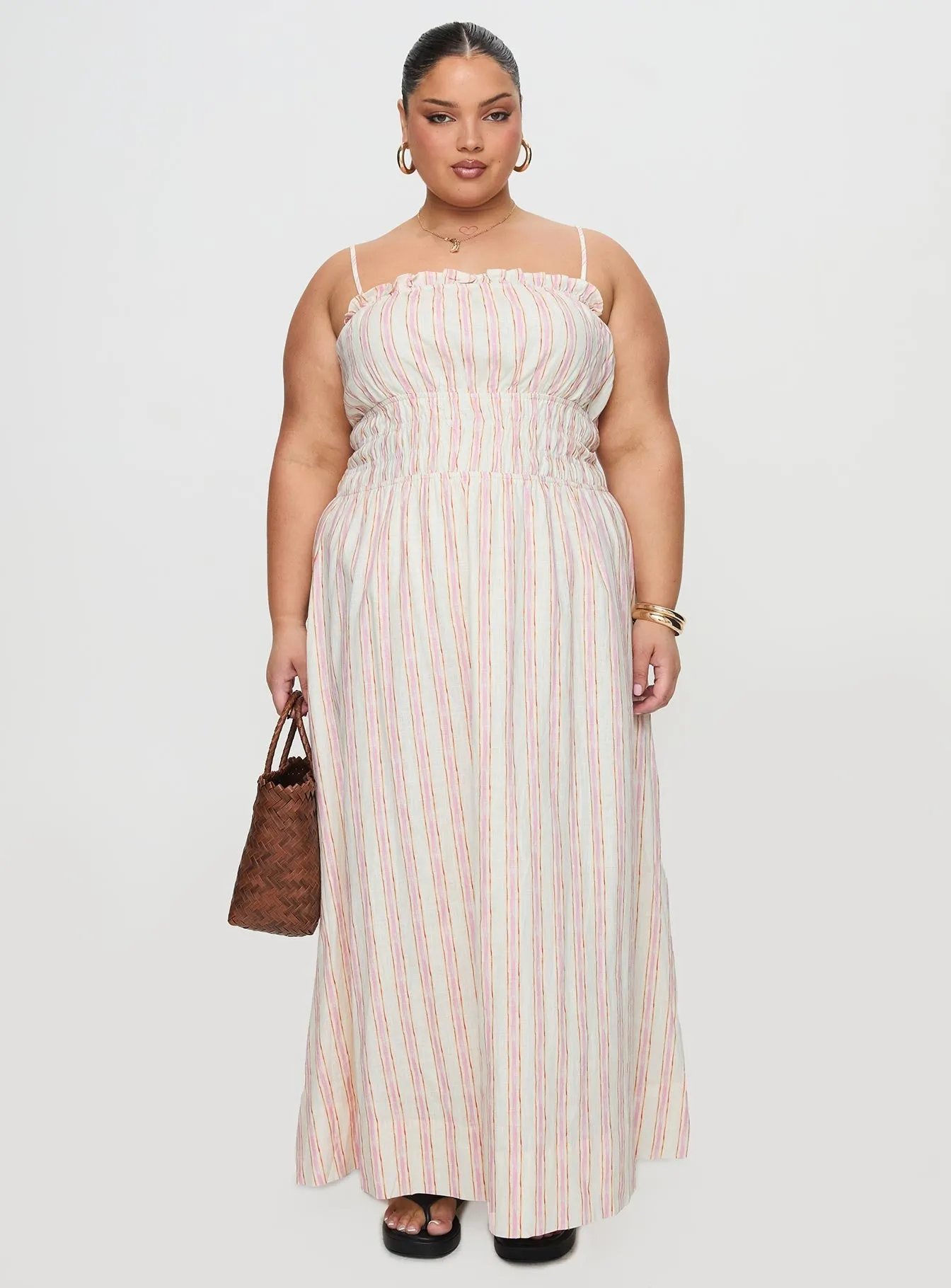 Persephone Shirring Linen Maxi Dress Pink Stripe Curve