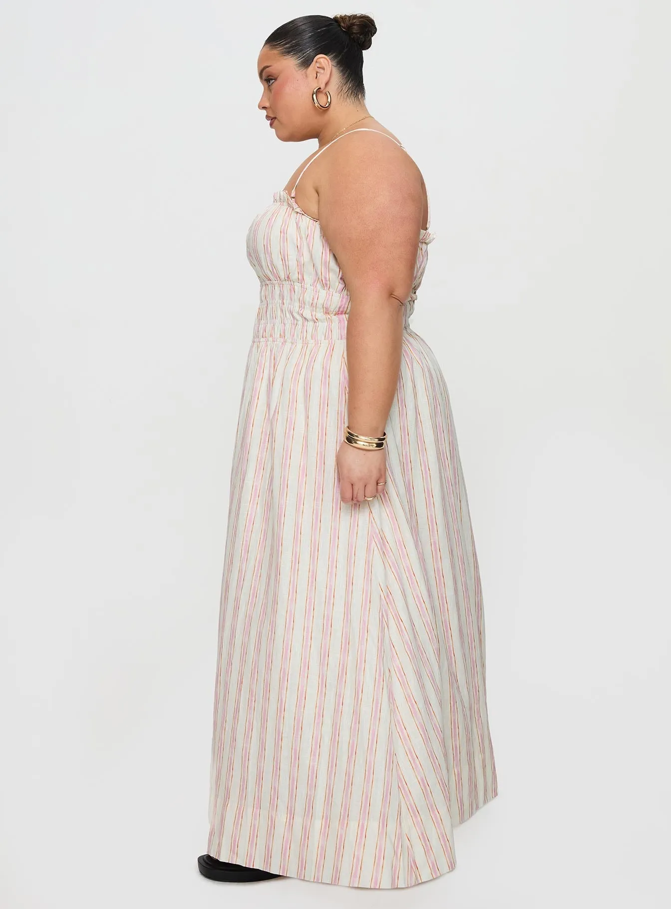 Persephone Shirring Linen Maxi Dress Pink Stripe Curve