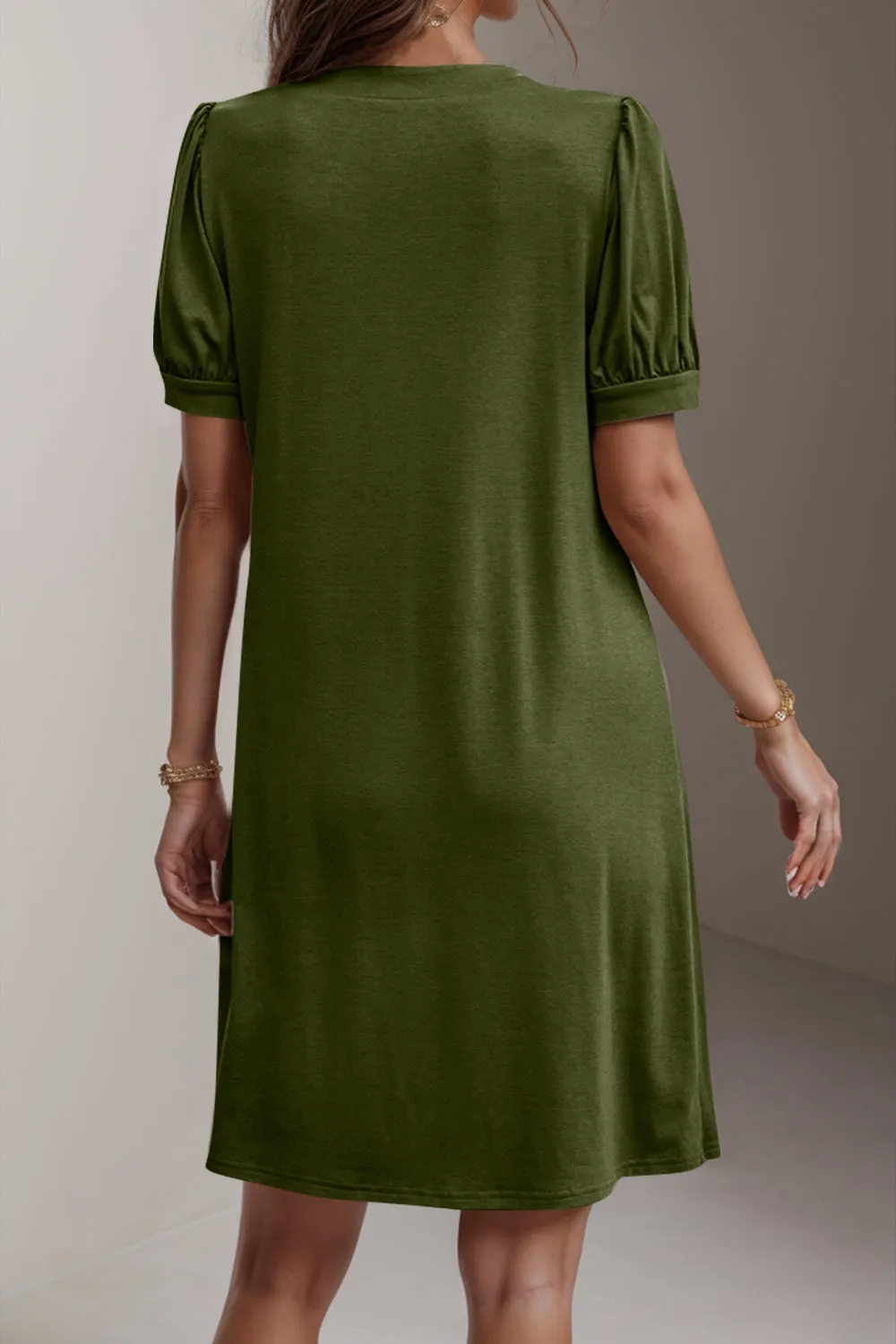 Pin-Tuck Notched Short Sleeve Dress