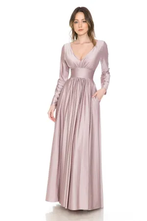 Pink Long Sleeve Ruched Top Shiny Pocketed Formal Dress