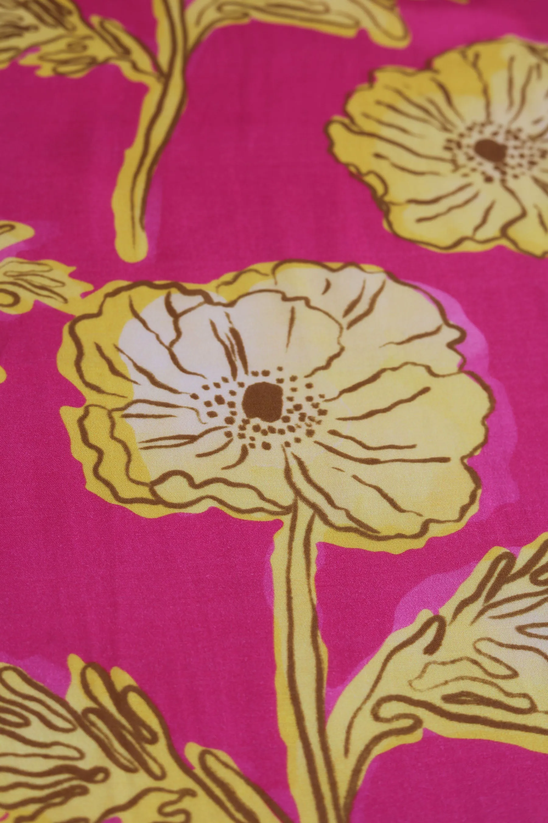 Pink Yellow Floral Pattern Printed Natural Muslin Silk Fabric