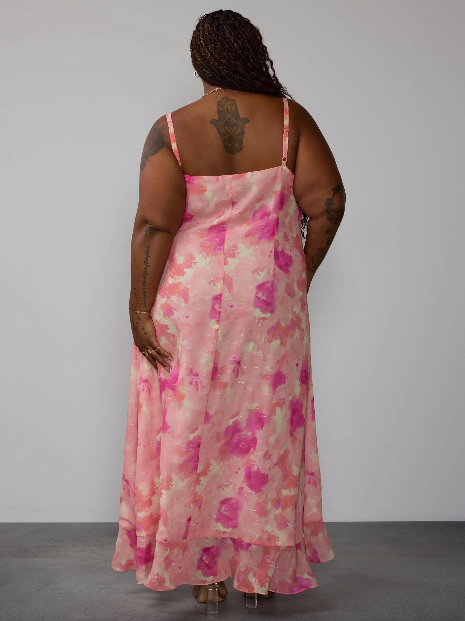 Plus Metallic Ruffle Floral Maxi Dress