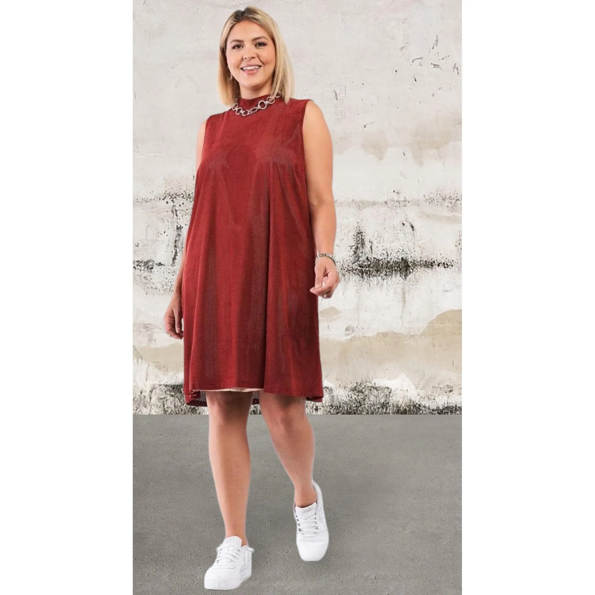 Plus Rust And Nude Illusion High Neck Swing Dress