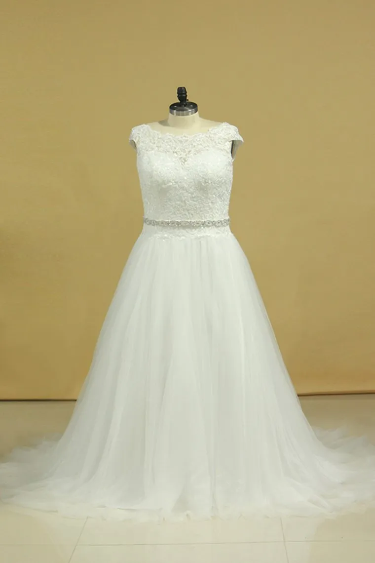 Plus Size Wedding Dresses A-Line Bateau Court Train V-Back Tulle