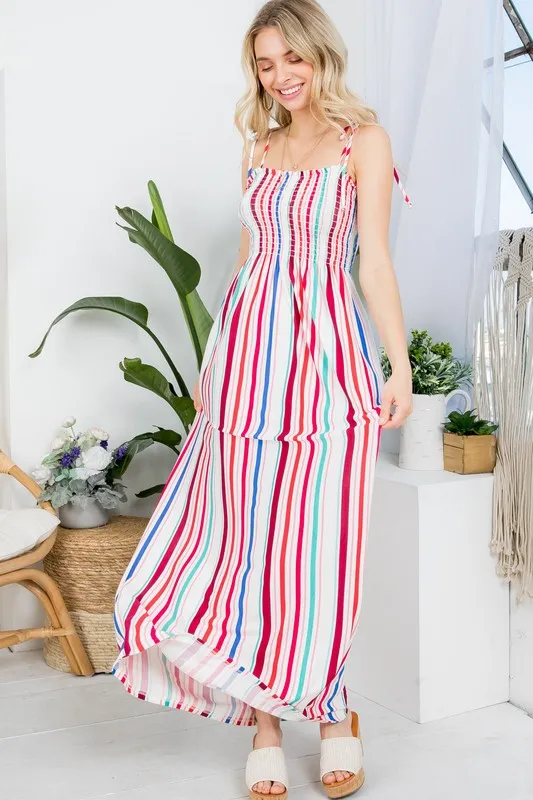 PLUS STRIPE SMOCKED MAXI DRESS