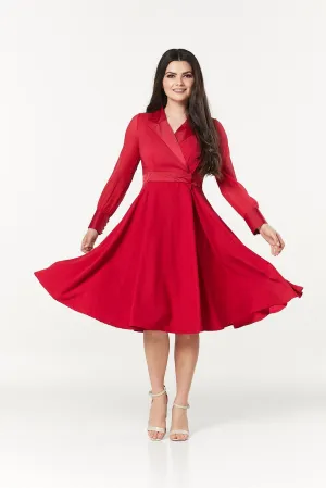 Polly Midi A- Line Long Chiffon Sleeves Red Dress