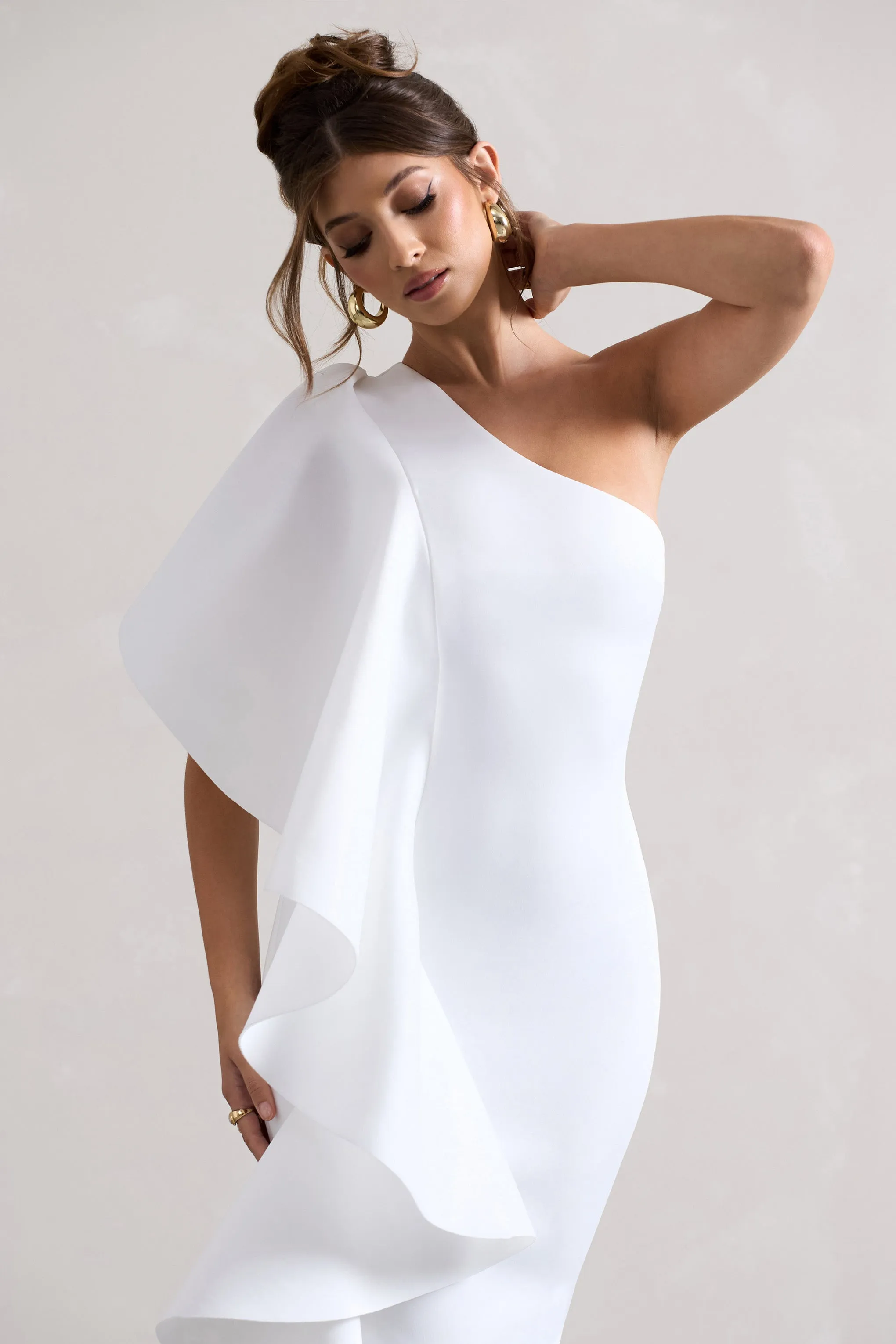 Polo | White One Shoulder Bodycon Midi Dress With Ruffle